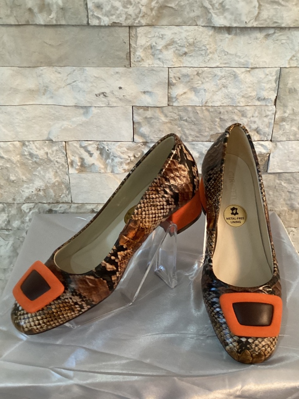 New Girotti Handcrafted Italian Python Print Heels Metal-Free Lining EU38 US7.5
